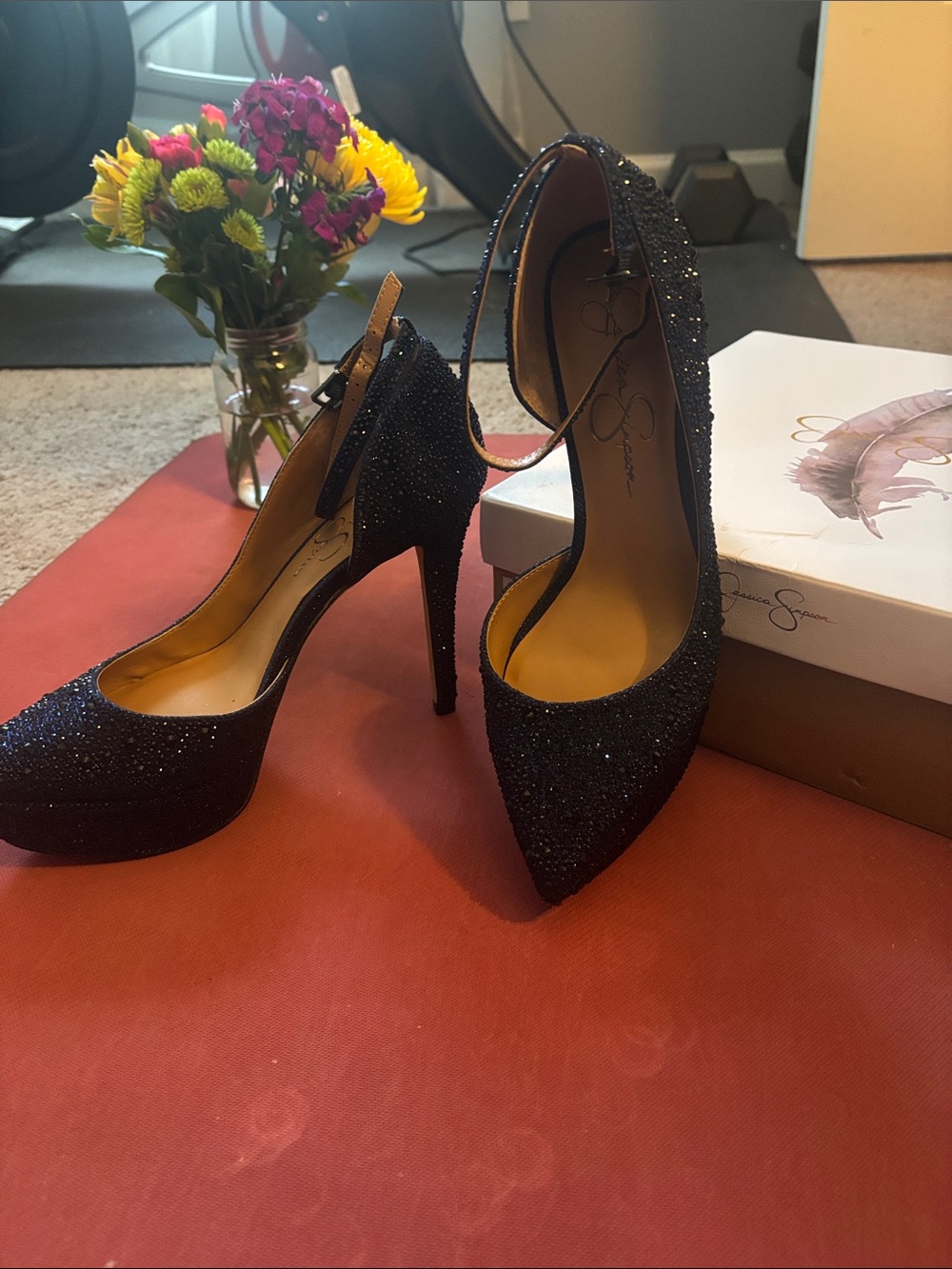 Jessica Simpson Blue Glitter Pointed Toe Ankle-Strap Stilettos